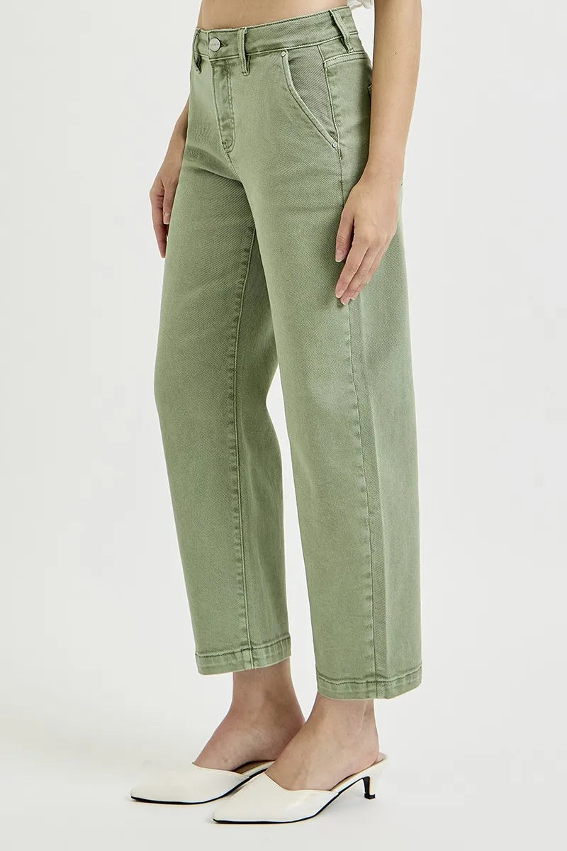 Tummy Control High Rise Crop Barrel Jeans Plus Size in Olive for Women