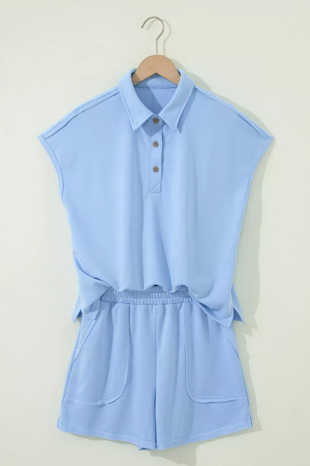 Casual Polo Collar Sleeveless Top and Shorts Set in Light Blue for Women
