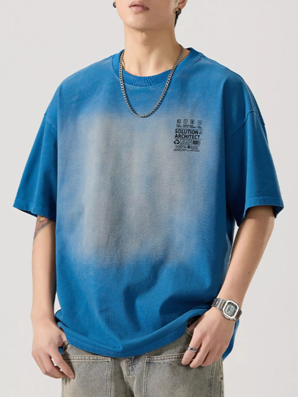 Round Neck Oversized T-Shirt Plus Size in Washed Blue for Men