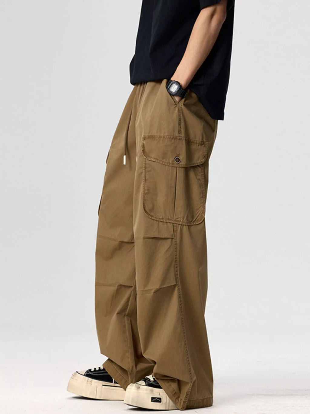 Plus Size Drawstring Wide Leg Cargo Pants in Black for Men
