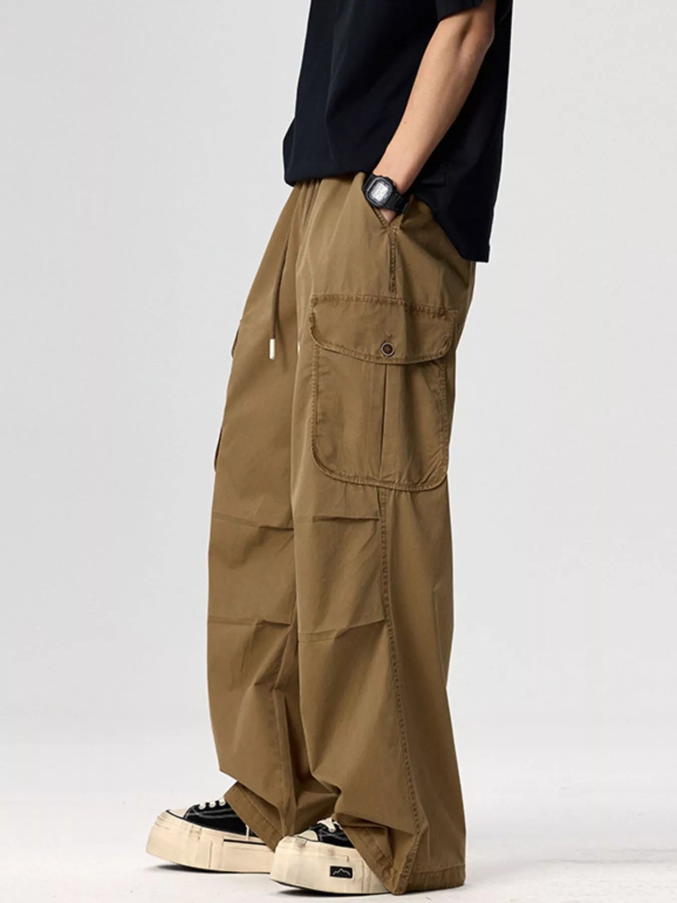 Plus Size Drawstring Wide Leg Cargo Pants in Black for Men