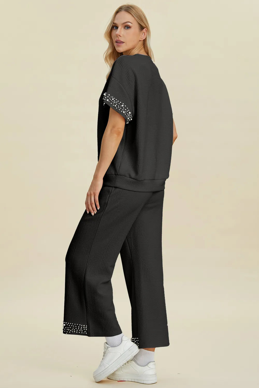 Plus Size Pearl Detail Round Neck Top and Pants Set in Black for Women