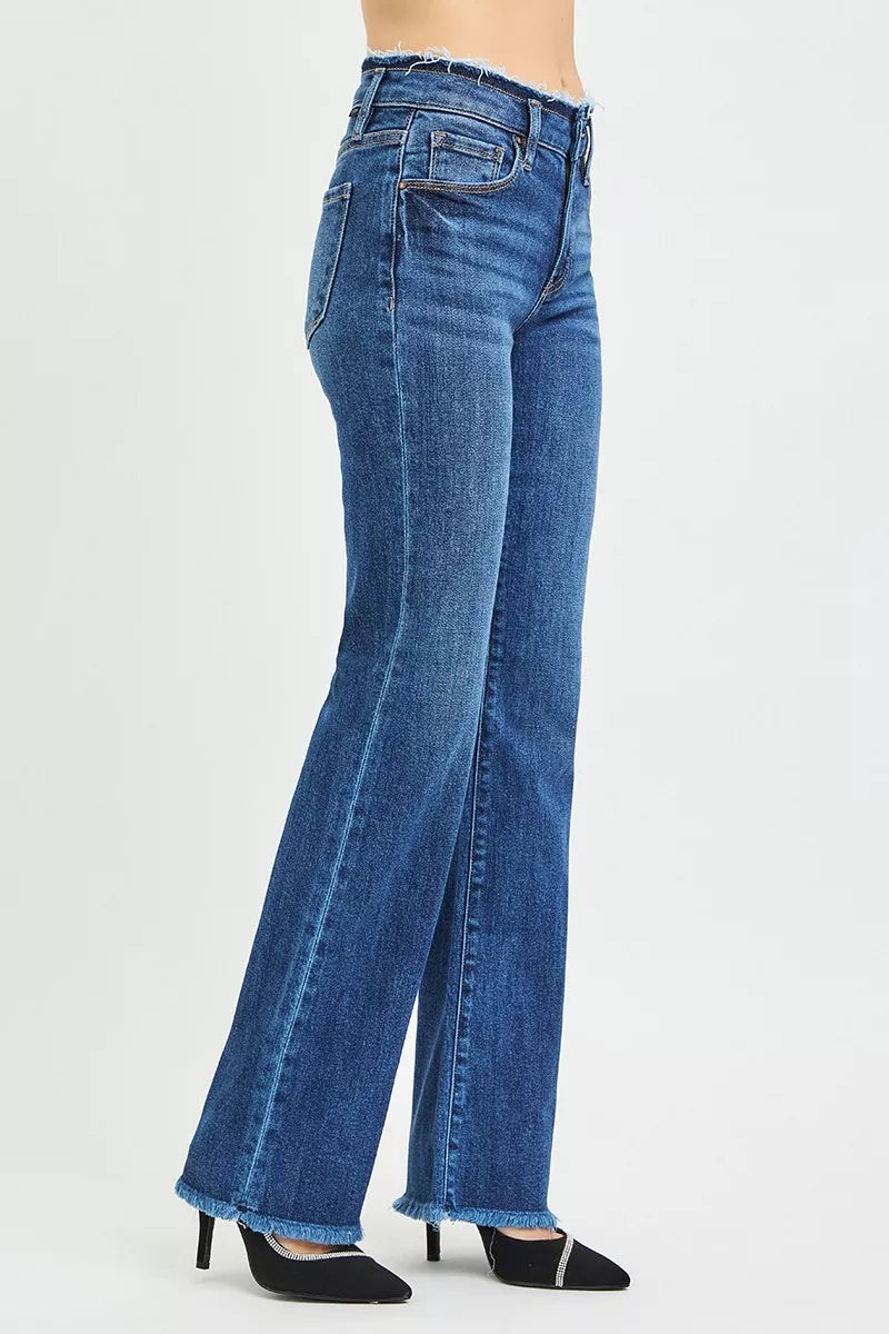 Mid Rise Bootcut Frayed Waistband Hem Detail Jeans Plus Size in Dark for Women
