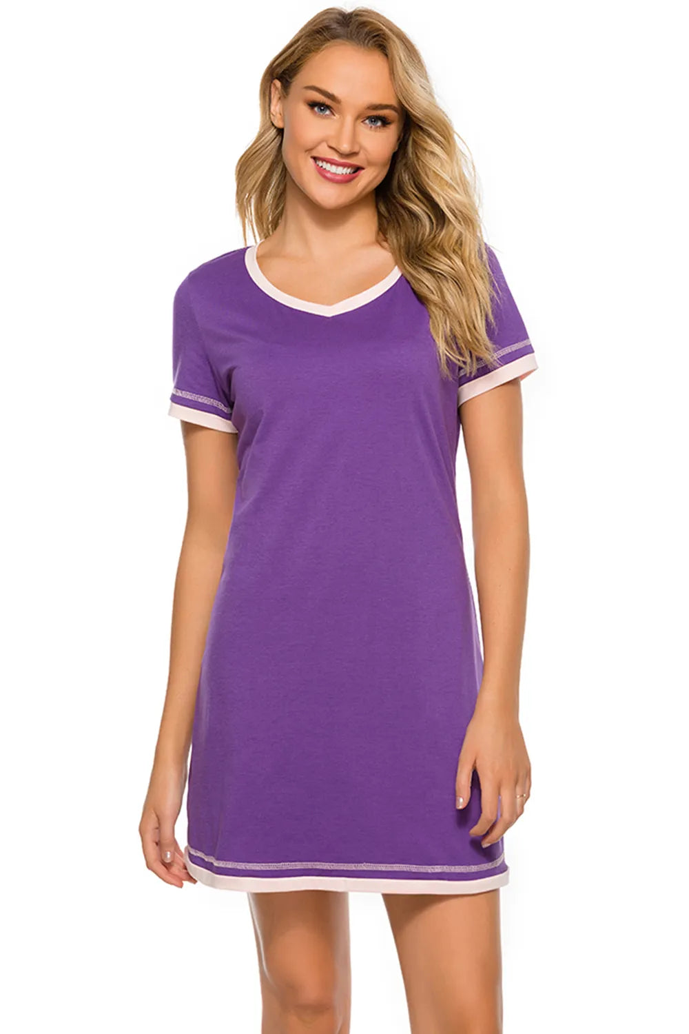 Contrast Trim Short Sleeve Lounge Dress in Light Gray for Women