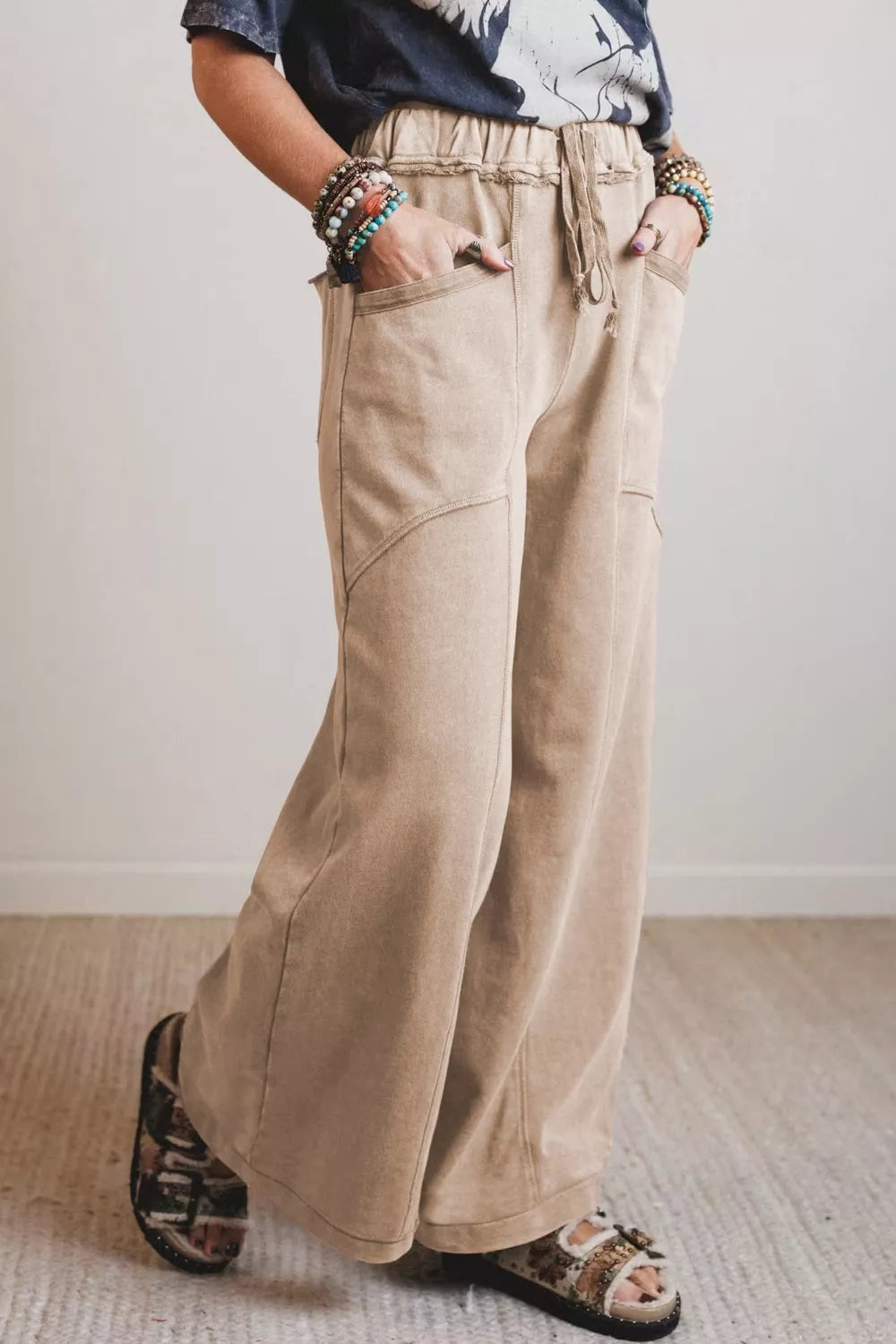 Mineral Wash Drawstring Retro High Waist Wide Leg Western Pants for Women