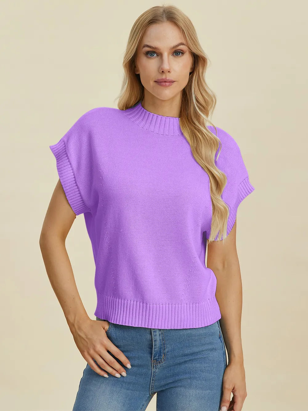 Plus Size Mock Neck Short Sleeve Sweater in Cream for Women