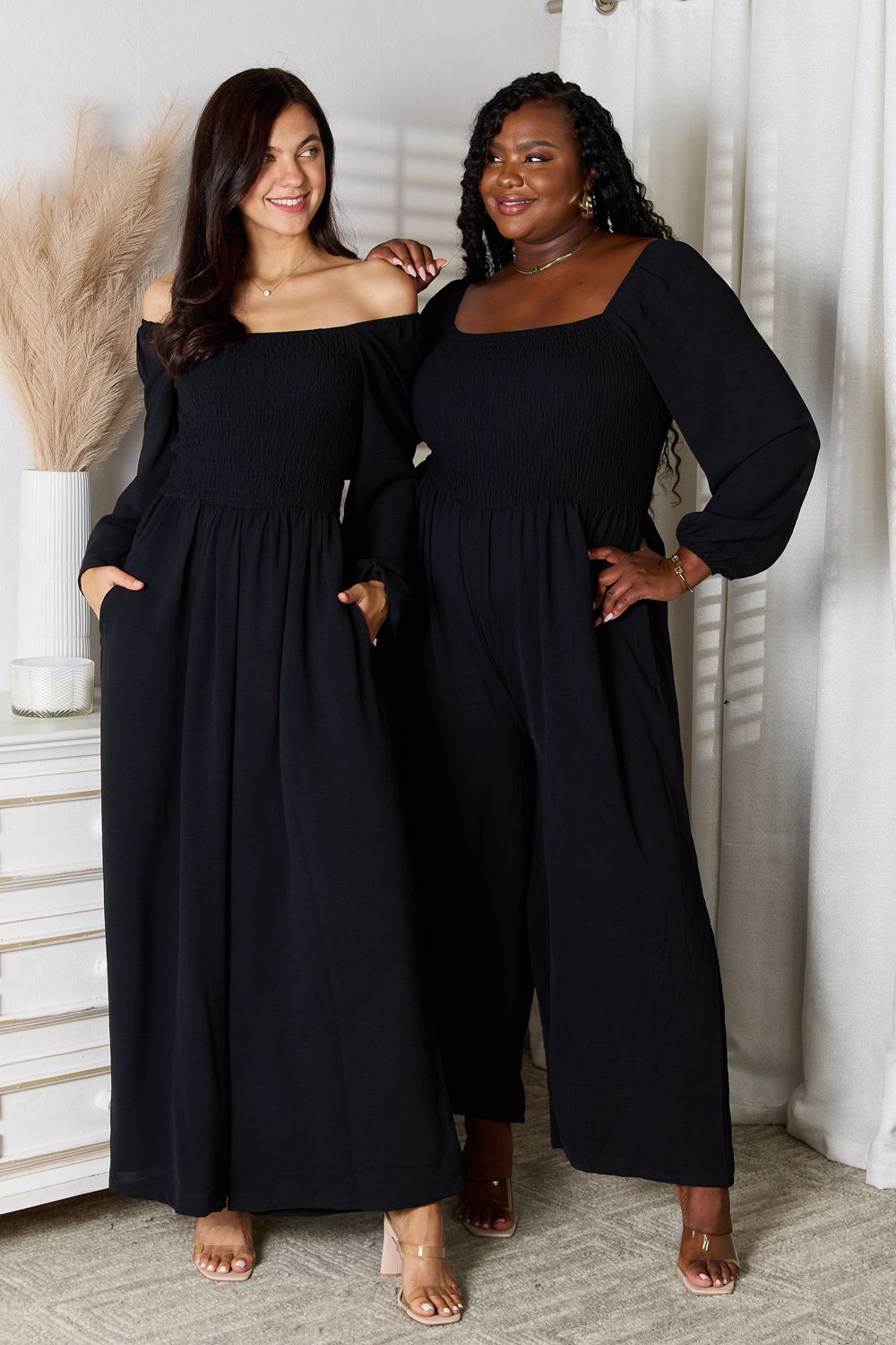 Square Neck Jumpsuit with Pockets in Black for Women