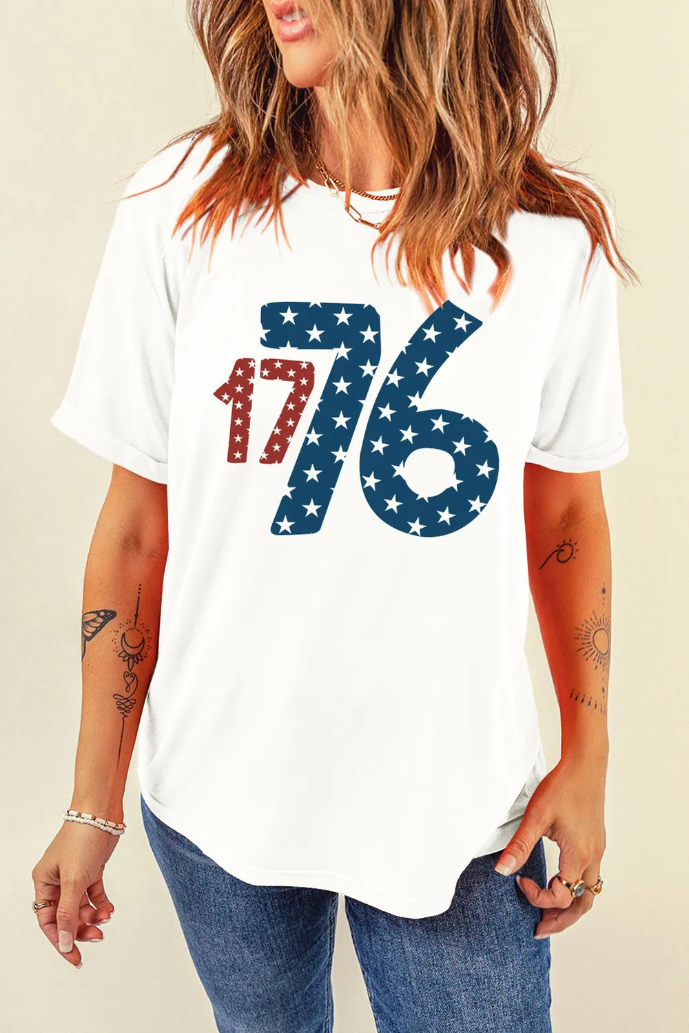 1776 Round Neck Short Sleeve T-Shirt in White for Women