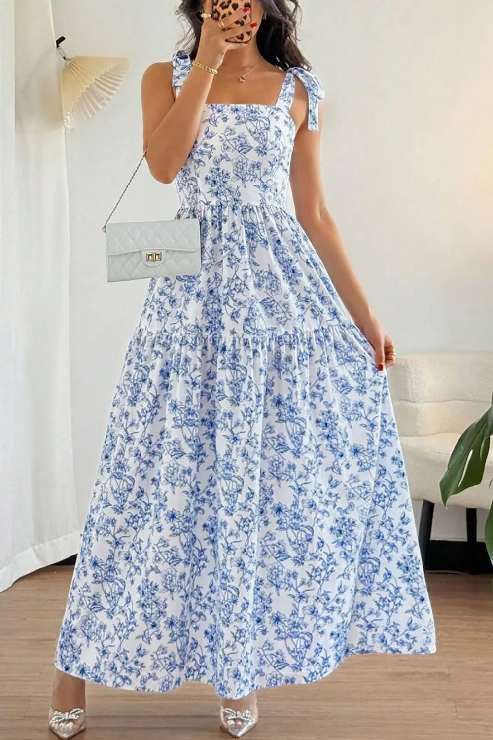 Floral Print Knot Straps High Waist Flared Maxi Dress in Light Blue for Women