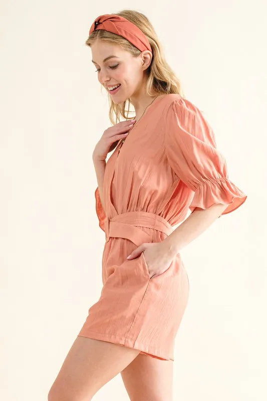 Flounce Sleeves Romper with Belt in Dusty Clay for Women