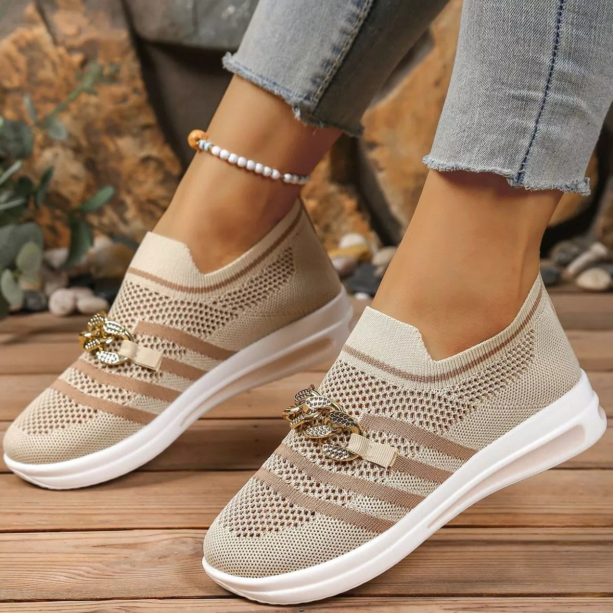 Round Toe Mesh Slip-Ons in Cream White for Women