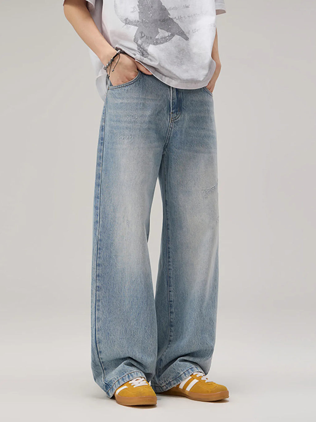 Wide Leg Wash Jeans in Light Blue for Men