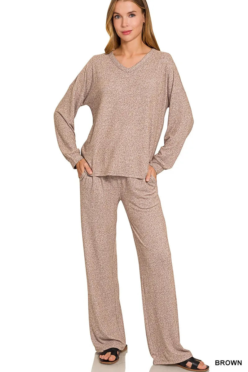 Soft Melange Long Sleeve Tee & Pants Set in Brown for Women