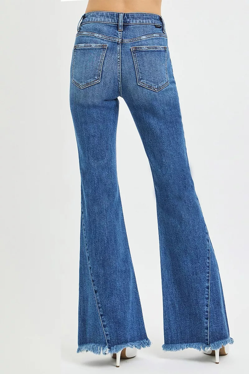 Mid Rise Flare Side Seam Detailing Jeans in Dark for Women