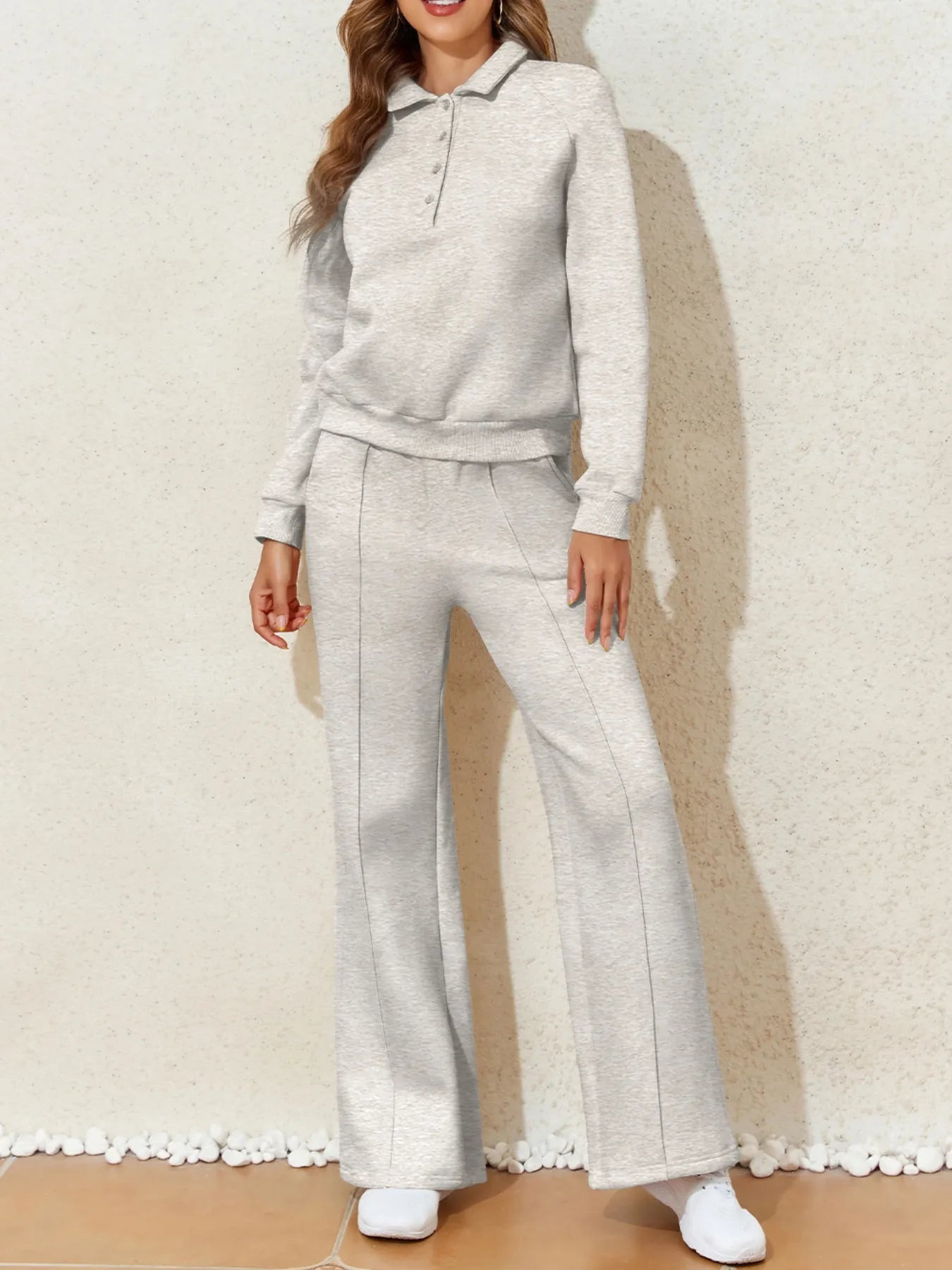 Collared Sweatshirt and High Waist Pants Active Set in Light Gray for Women