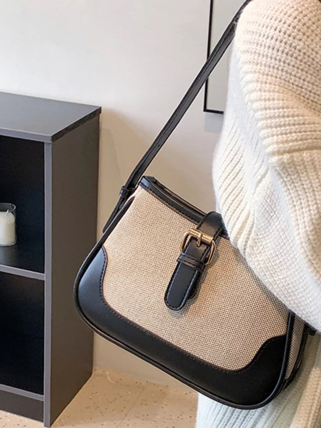 Contrast Buckle Shoulder Bag for Women
