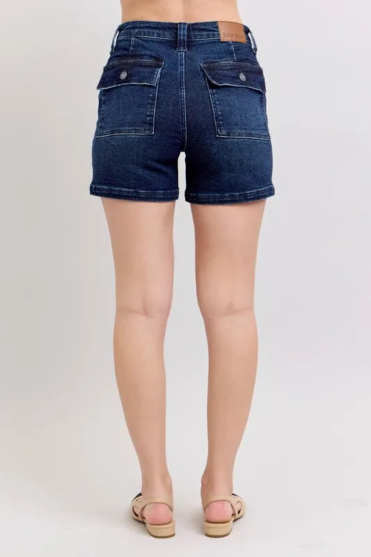 High Waist Back Flap Pocket Denim Shorts Plus Size in Md for Women