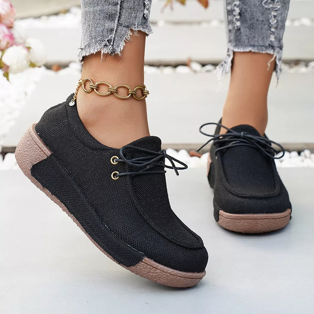 Round Toe Lace-Up Sneakers in Black for Women