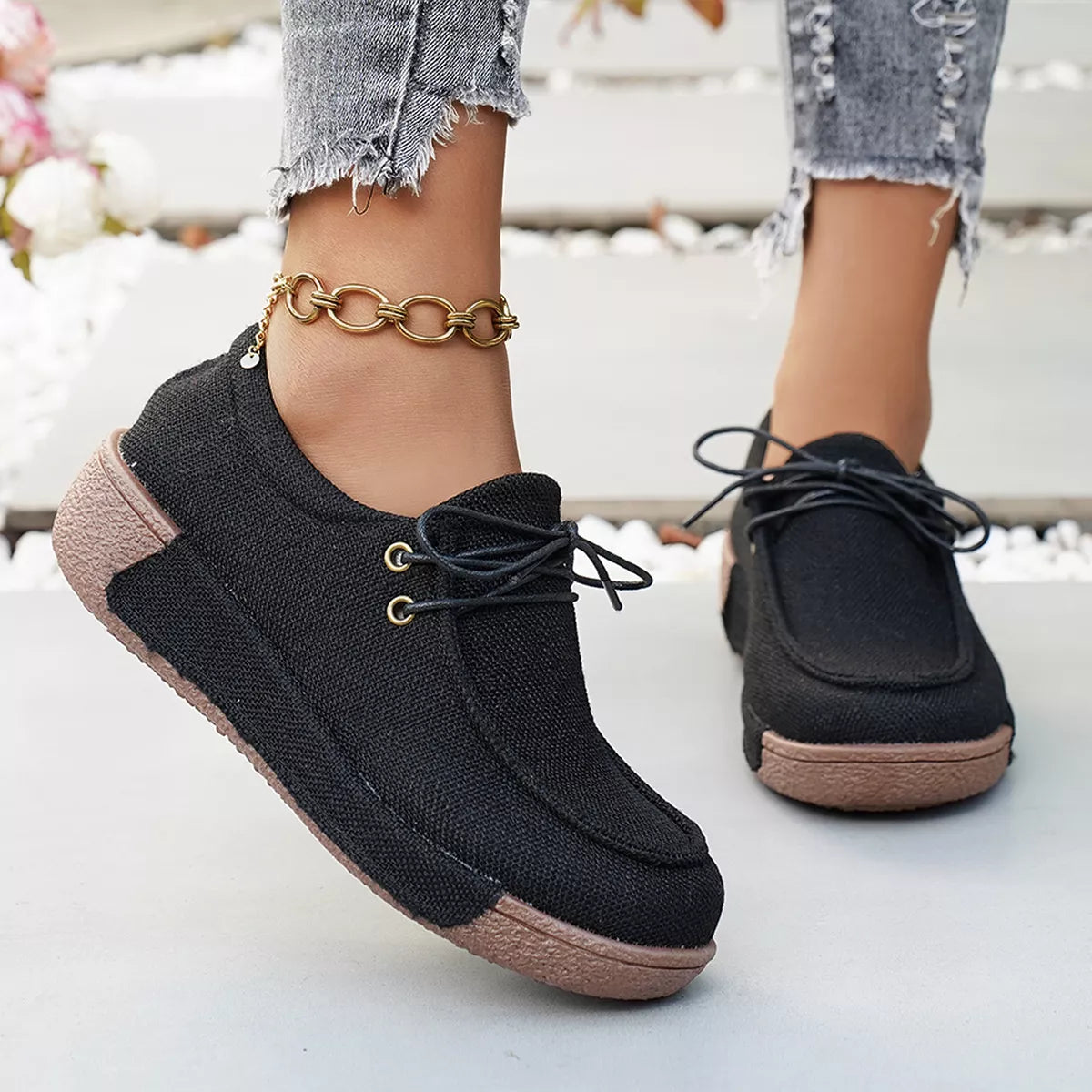 Round Toe Lace-Up Sneakers in Black for Women