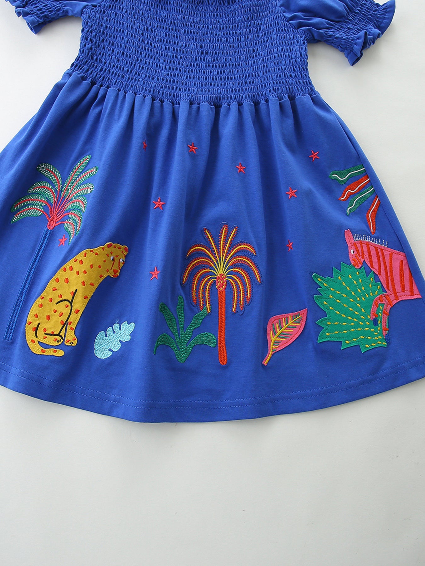 Smocked Animal Puff Sleeve Dress in Royal Blue for Girls