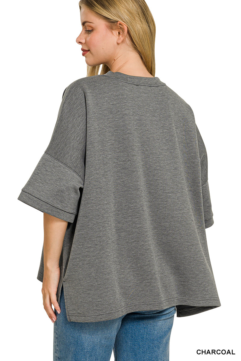 Scuba Round Neck Top with Side Slits Plus Size in Charcoal for Women