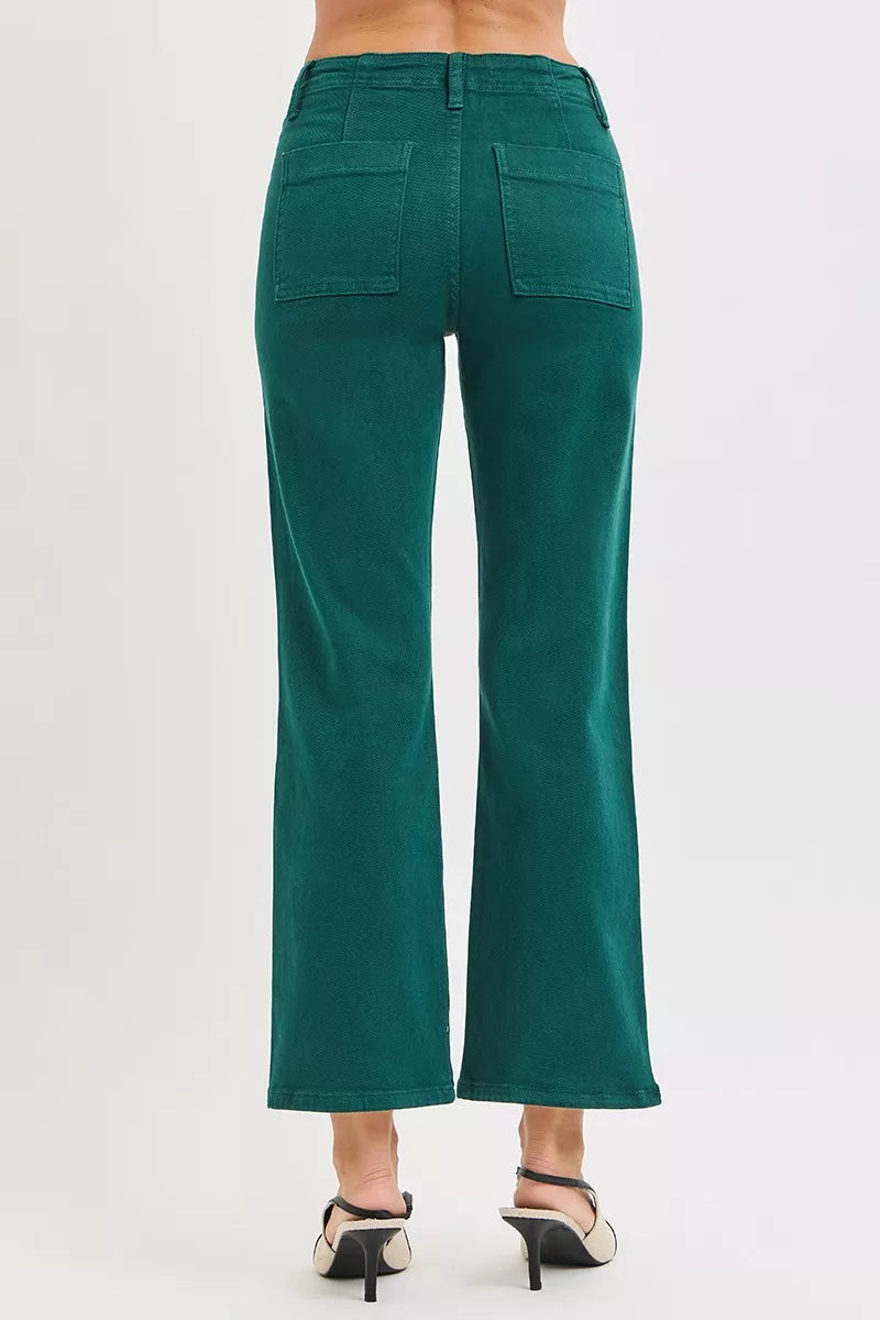 High Rise Ankle Flare Patch Pocket Jeans in Hunter Green for Women