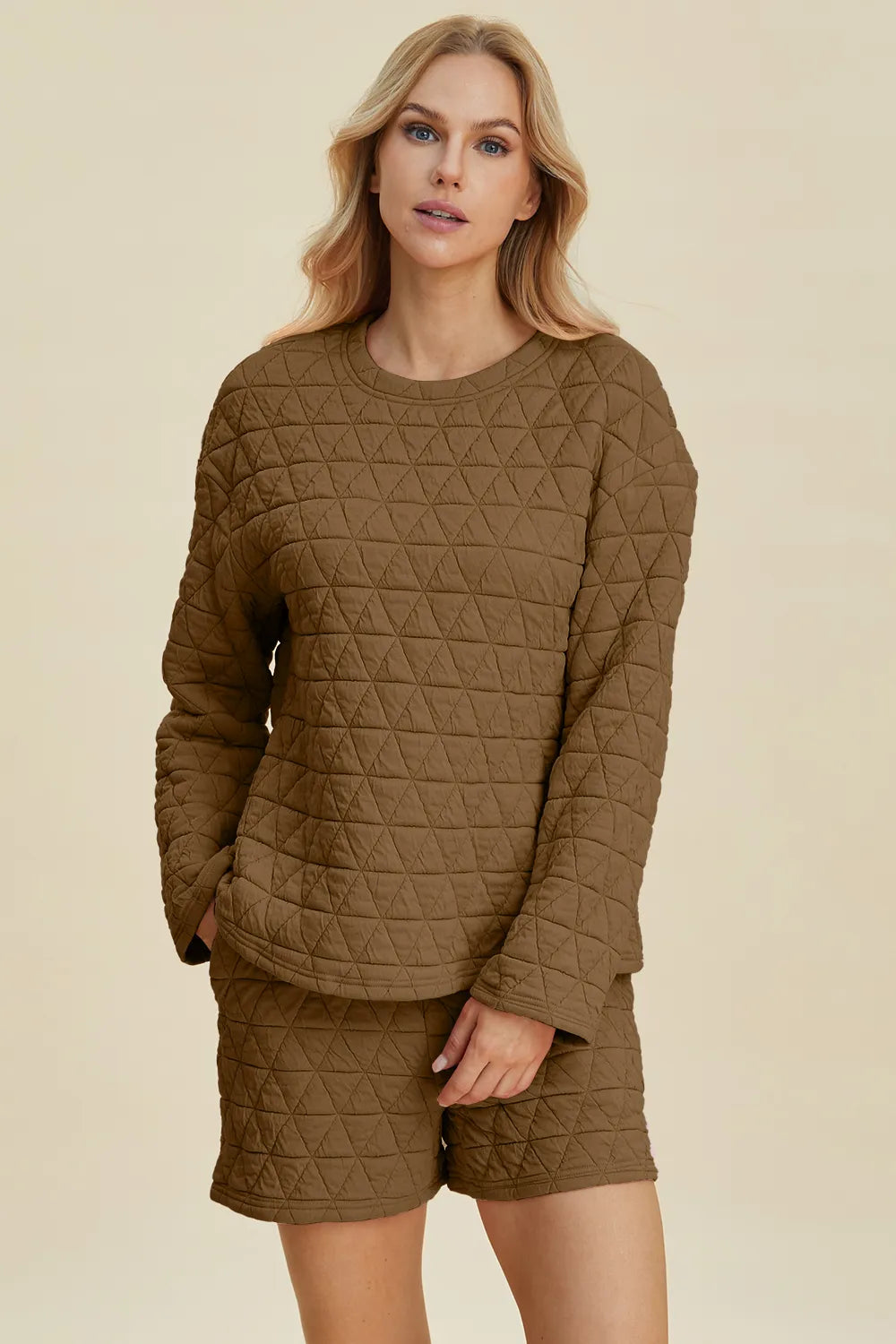 Plus Size Texture Round Neck Long Sleeve Top and Shorts Set in Pink in Black for Women