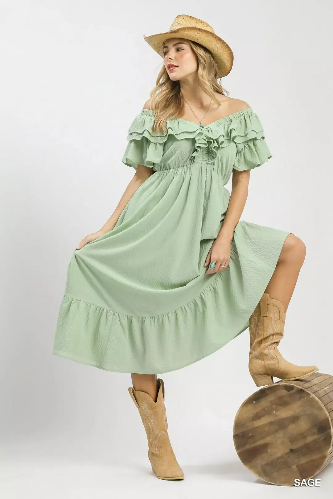Textured Ruffle Midi Dress for Women