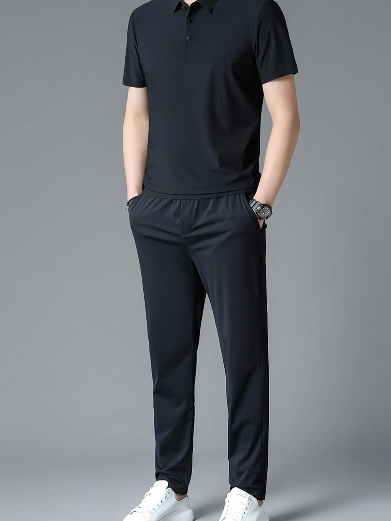 Button Detail Short Sleeve Polo Plus Size in Grey for Men