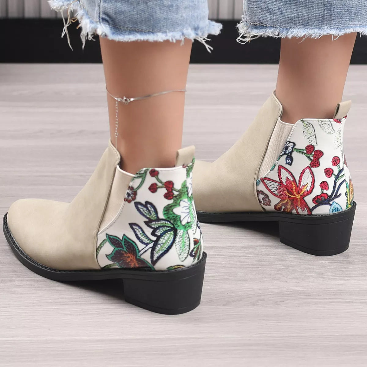 Point Toe Block Heels Ankle Boots in Green Pattern for Women