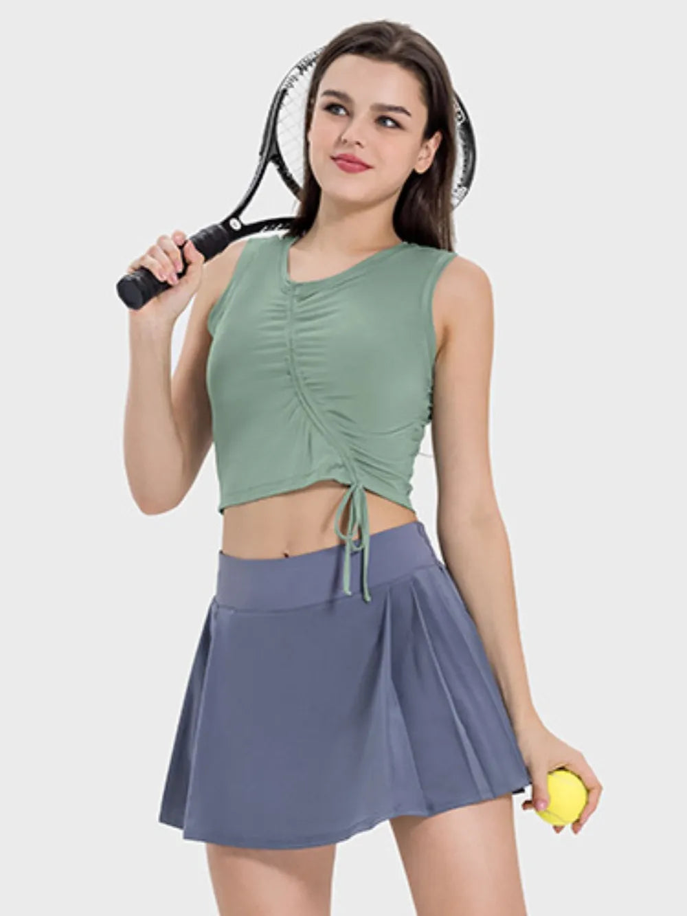 Drawstring Ruched Wide Strap Active Tank in Black for Women