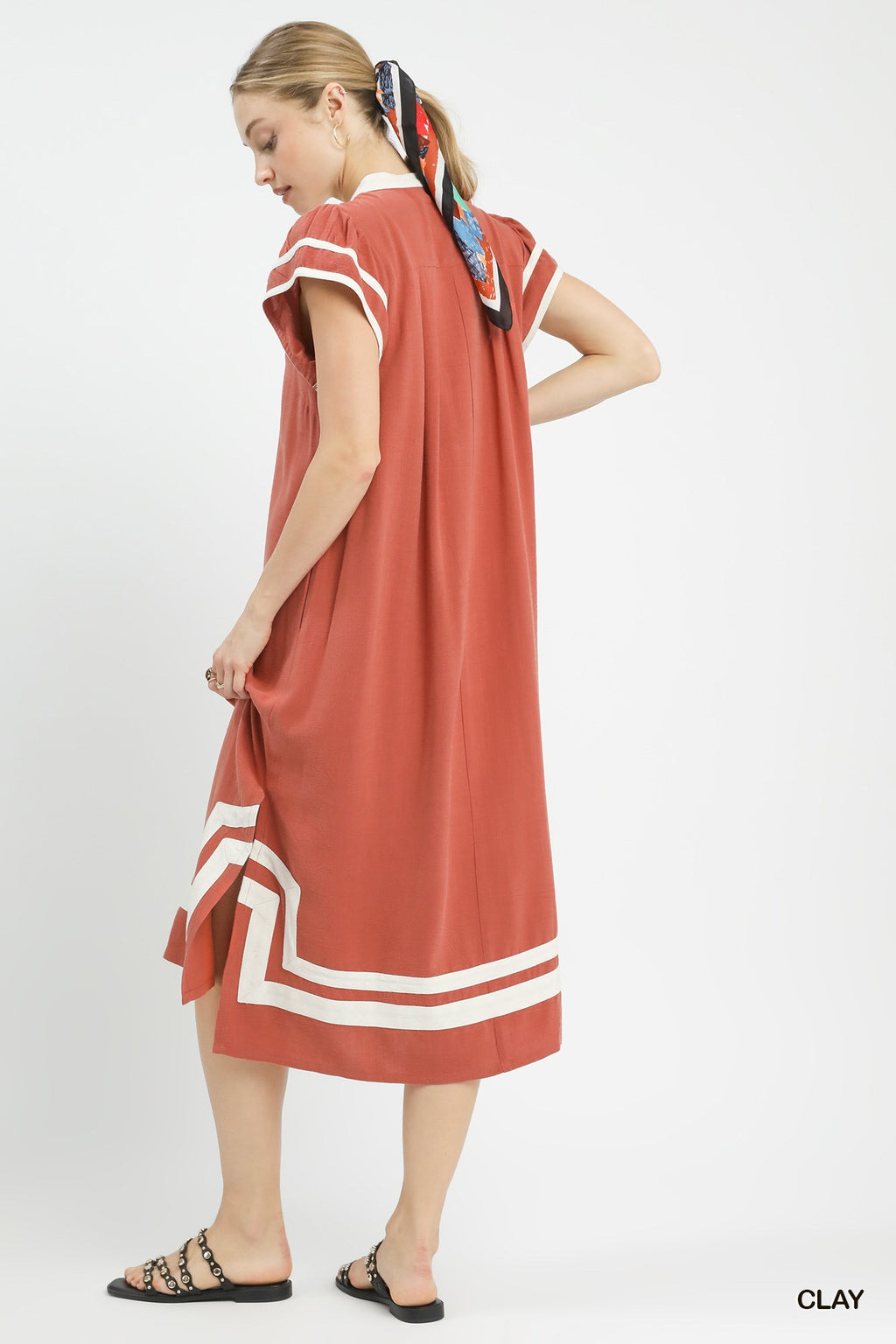 Linen Cotton Contrast Neckline Midi Dress in Clay for Women