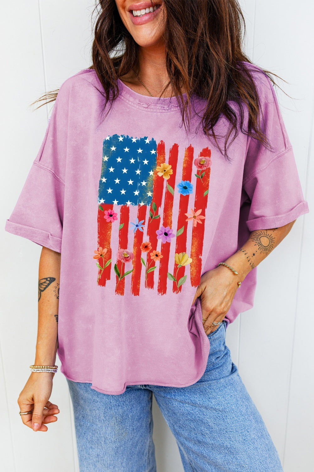 Floral American Flag Printed Raw Edge Cotton Tee in Pink Purple for Women