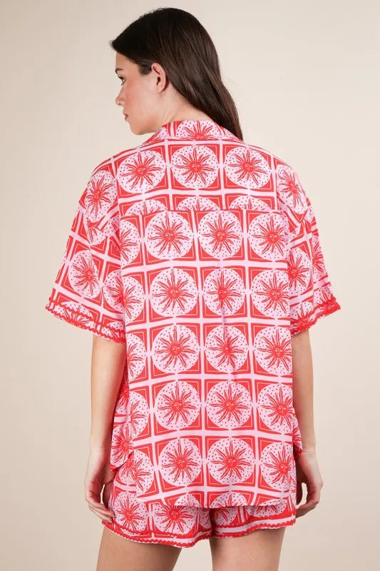 Tropical Printed Shirt Top and Shorts Set Plus Size in Tomato for Women