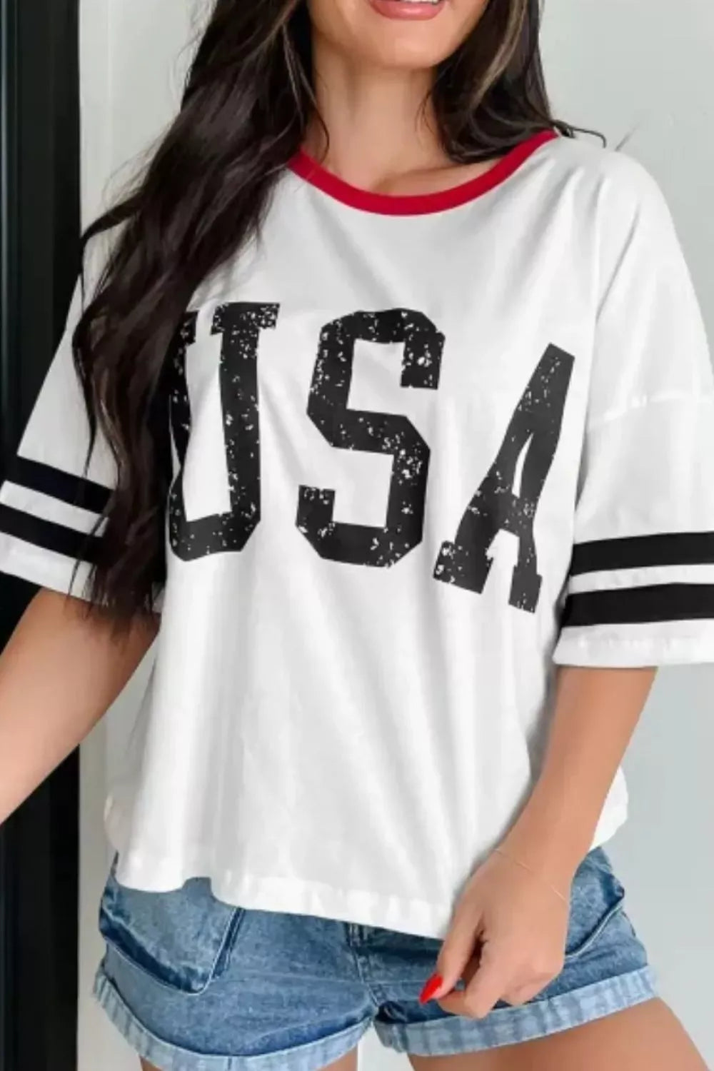 USA Letter Printed Varsity Striped Sleeve Round Neck Tee in White for Women