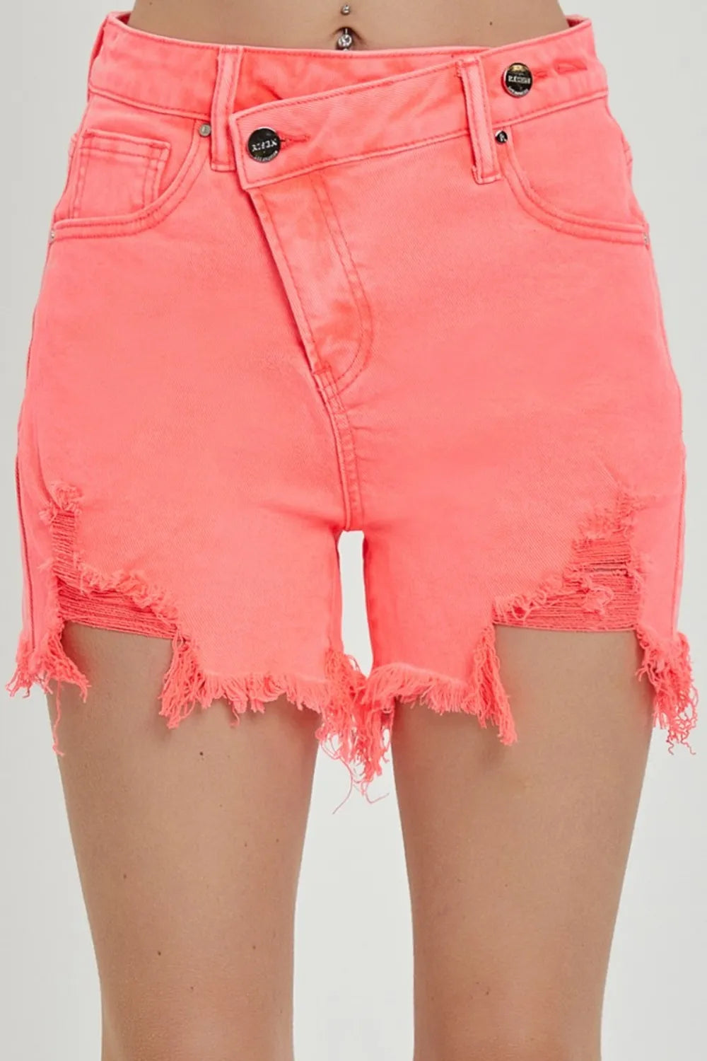 Raw Hem Asymmetrical Waist Denim Shorts in Coral Pink for Women