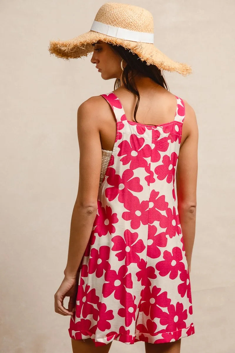 Floral Prints Tuck Detail Short Overall with Pockets for Women
