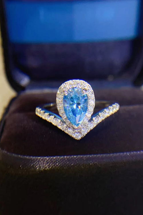 1 Carat Pear Shape Moissanite Heart Ring in Sky Blue for Women