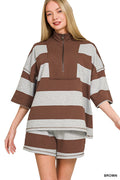 Frenchterry Striped Half Zip Top & Shorts Set in Brown for Women