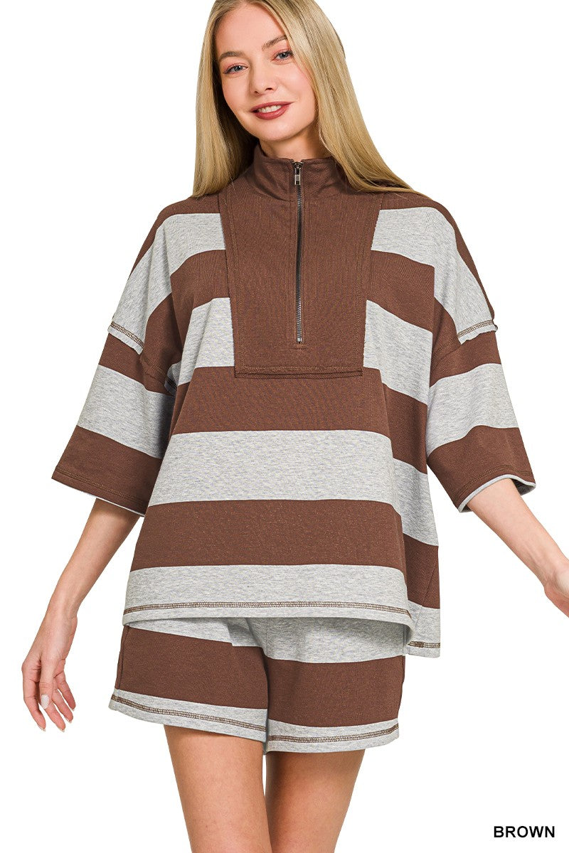 Frenchterry Striped Half Zip Top & Shorts Set in Brown for Women