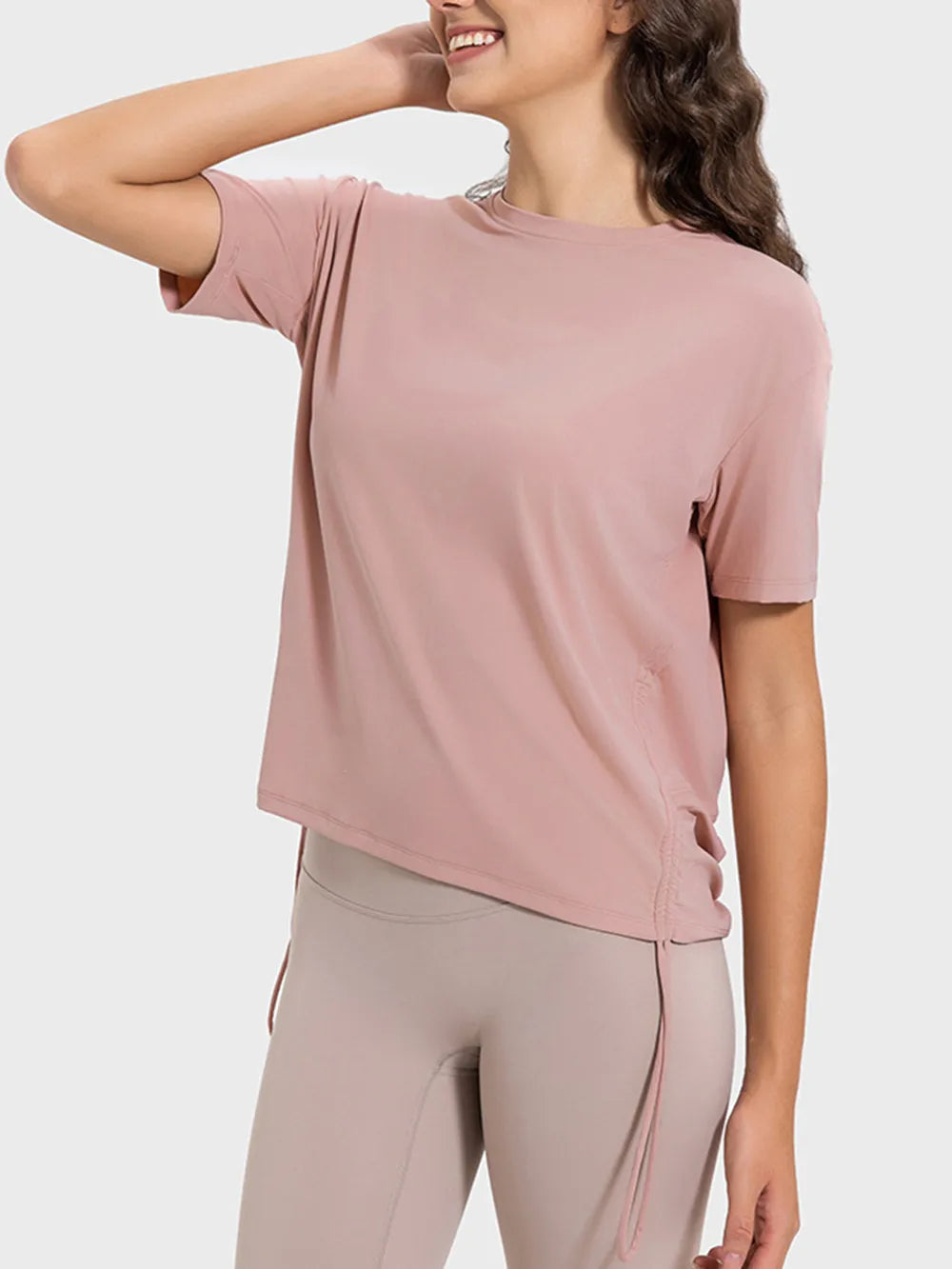 Drawstring Round Neck Short Sleeve Active T-Shirt in Dusty Pink for Women