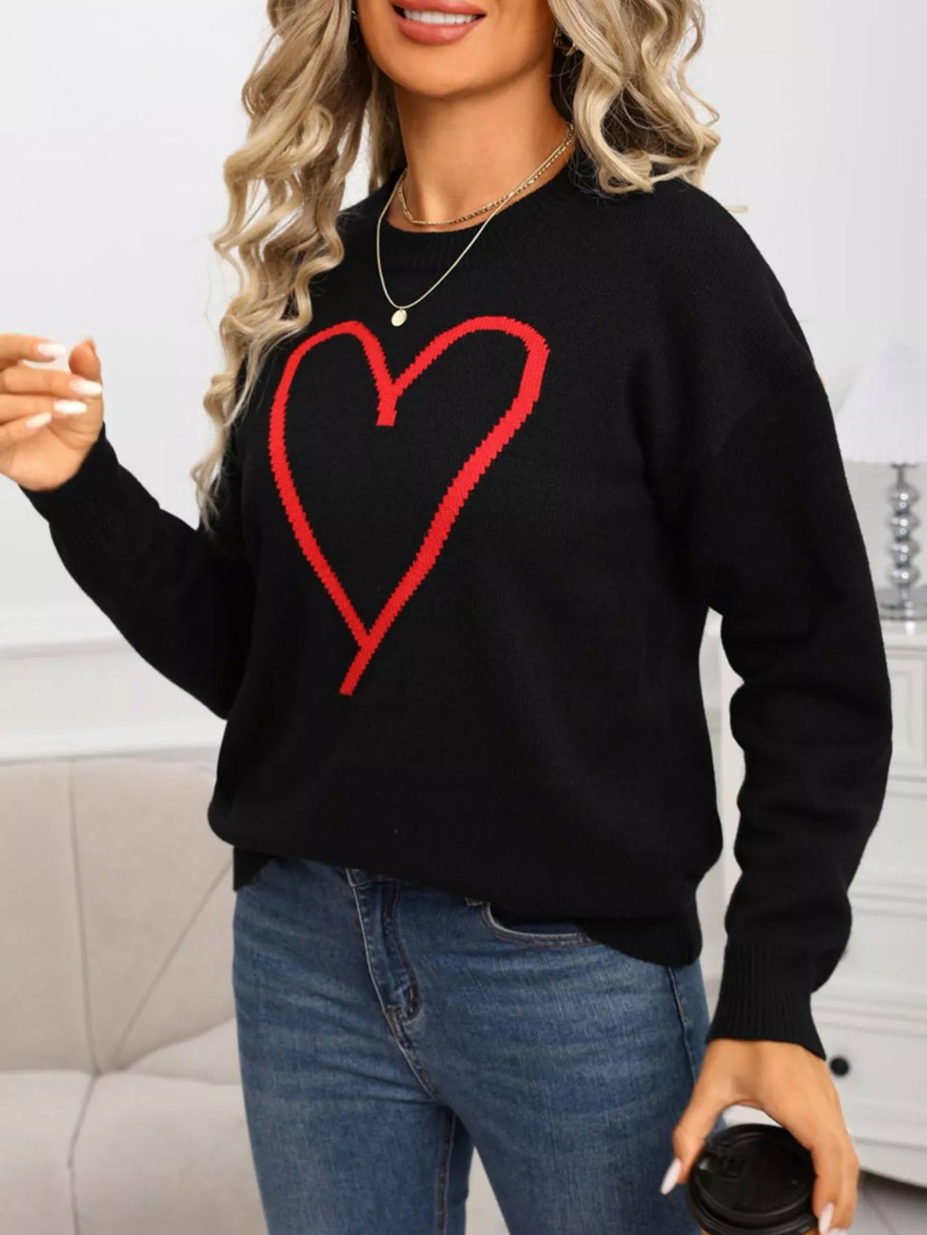 Valentines Day Heart Graphic Dropped Shoulder Sweater in Red for Women