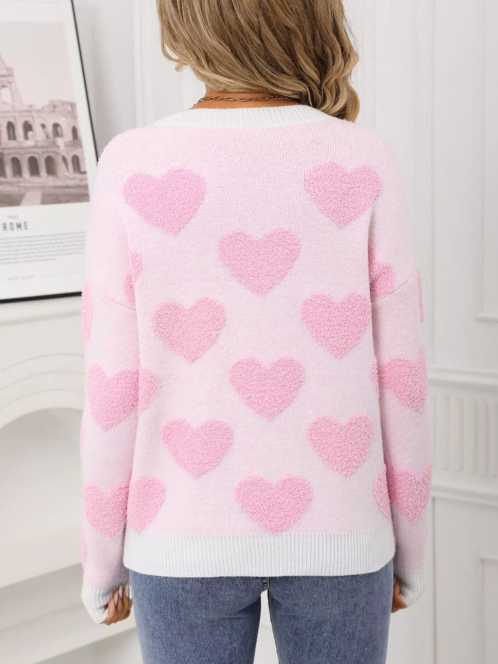 Valentines Day Heart Pattern Round Neck Sweater in Classic in Rose Red for Women