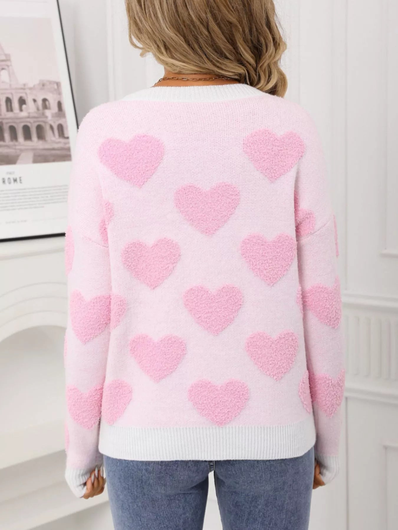 Valentines Day Heart Pattern Round Neck Sweater in Classic in Rose Red for Women