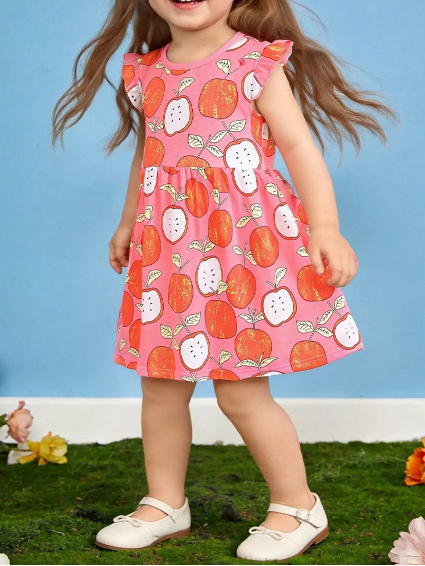Apple Print Ruffle Sleeve Casual Dress in Multicolor for Girls