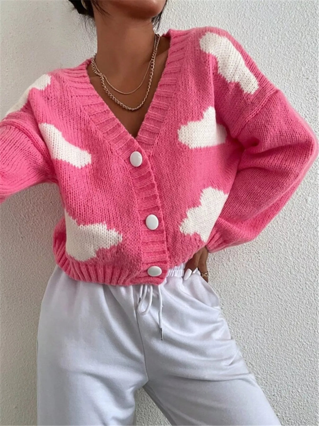 Cloud Button Up Knit Cardigan in Hot Pink for Women