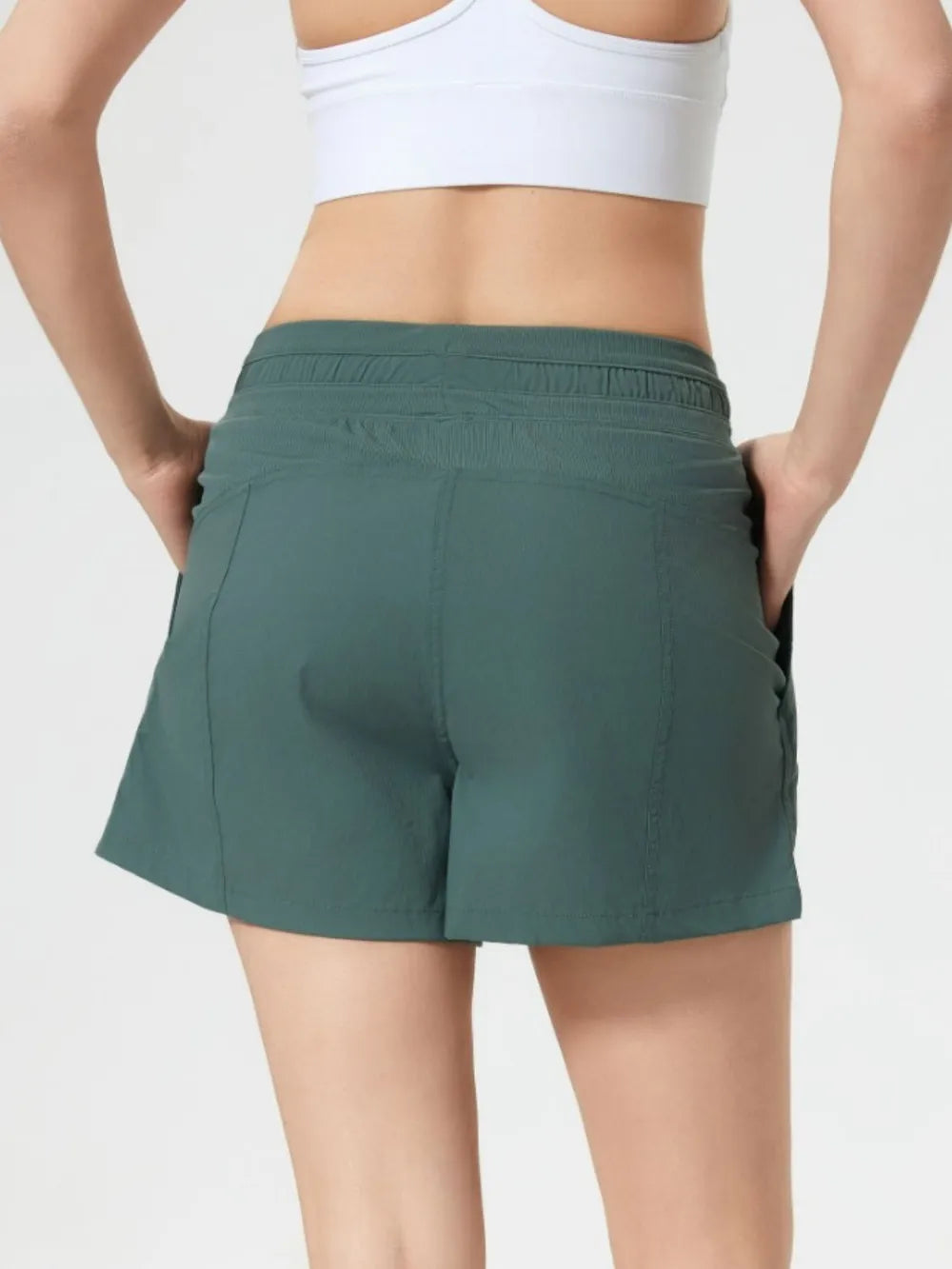 Drawstring Active Shorts with Pockets in Dark Green for Women