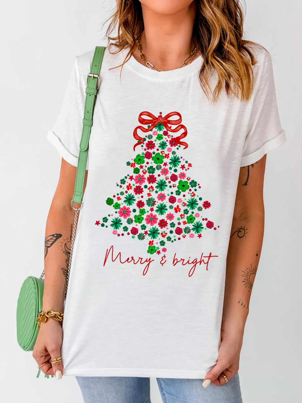 Merry & Floral Christmas Tree Graphic T-Shirt in White for Women