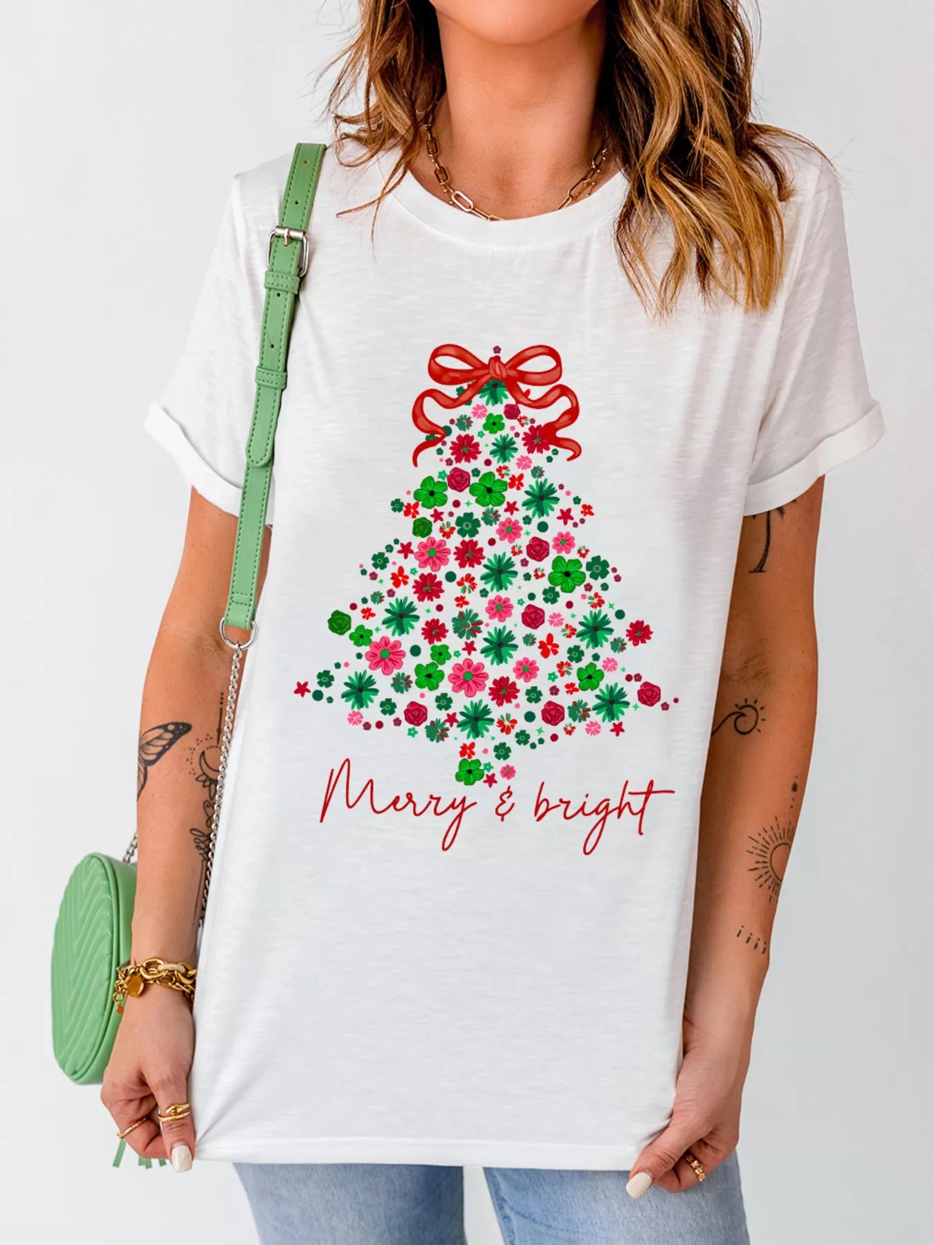 Merry & Floral Christmas Tree Graphic T-Shirt in White for Women