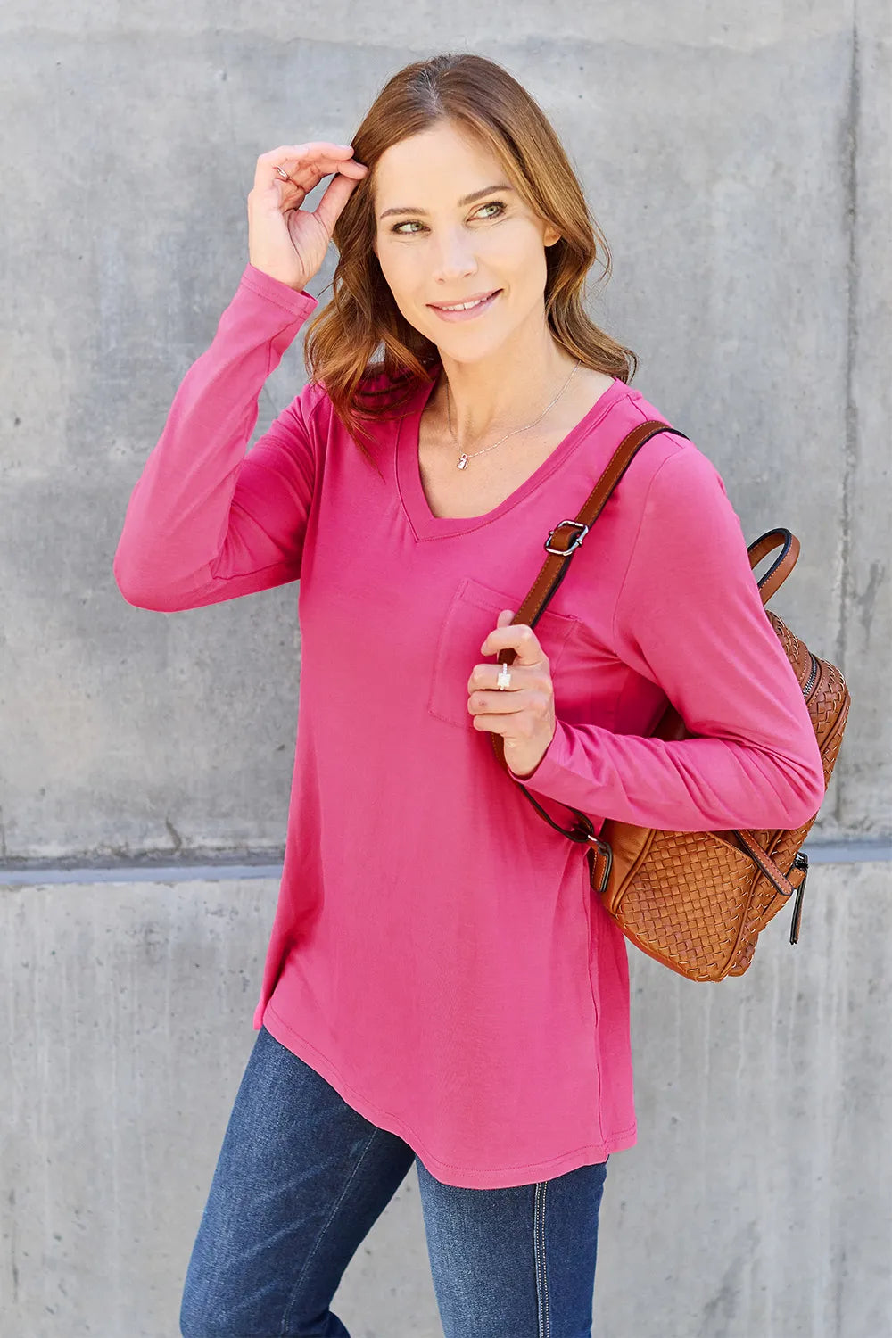Plus Size V-Neck Long Sleeve Top in Hot Pink for Women